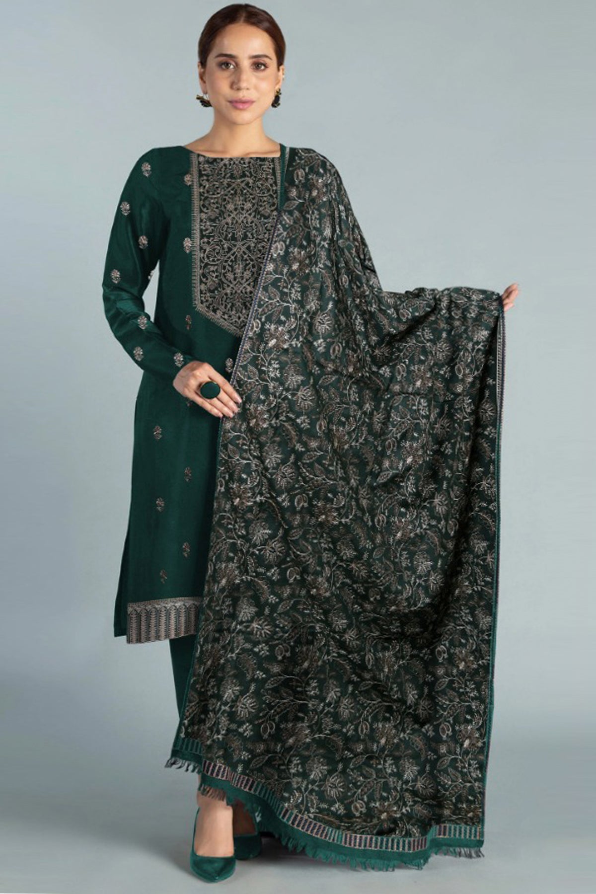 Bareeze 3PC Embroidered Dhanak Suit with Heavy Embroidered Shawal -BS102127